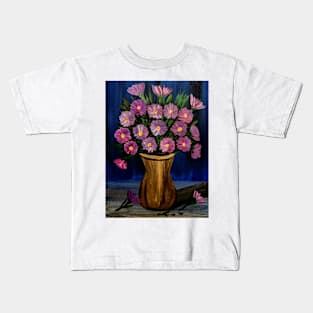 Beautiful purple and pink flowers in a vintage gold vase Kids T-Shirt